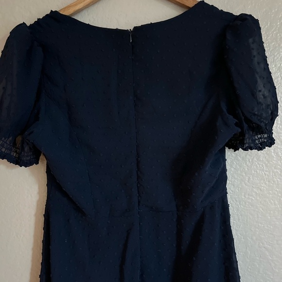 Romance Abounds Navy Swiss Dot Puff Sleeve A-Line Midi Dress - Picture 5 of 7